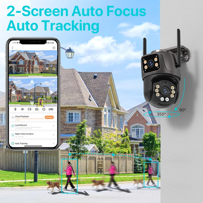 Advanced 4K 8MP HD Outdoor PTZ Security Camera with Dual Lens and Dual Screen, featuring AI Auto Tracking, Audio & Video Surveillance, and P2P iCSee Technology