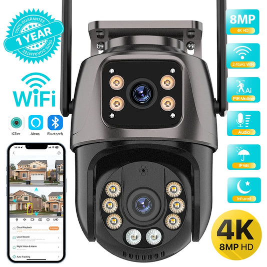 Advanced 4K 8MP HD Outdoor PTZ Security Camera with Dual Lens and Dual Screen, featuring AI Auto Tracking, Audio & Video Surveillance, and P2P iCSee Technology