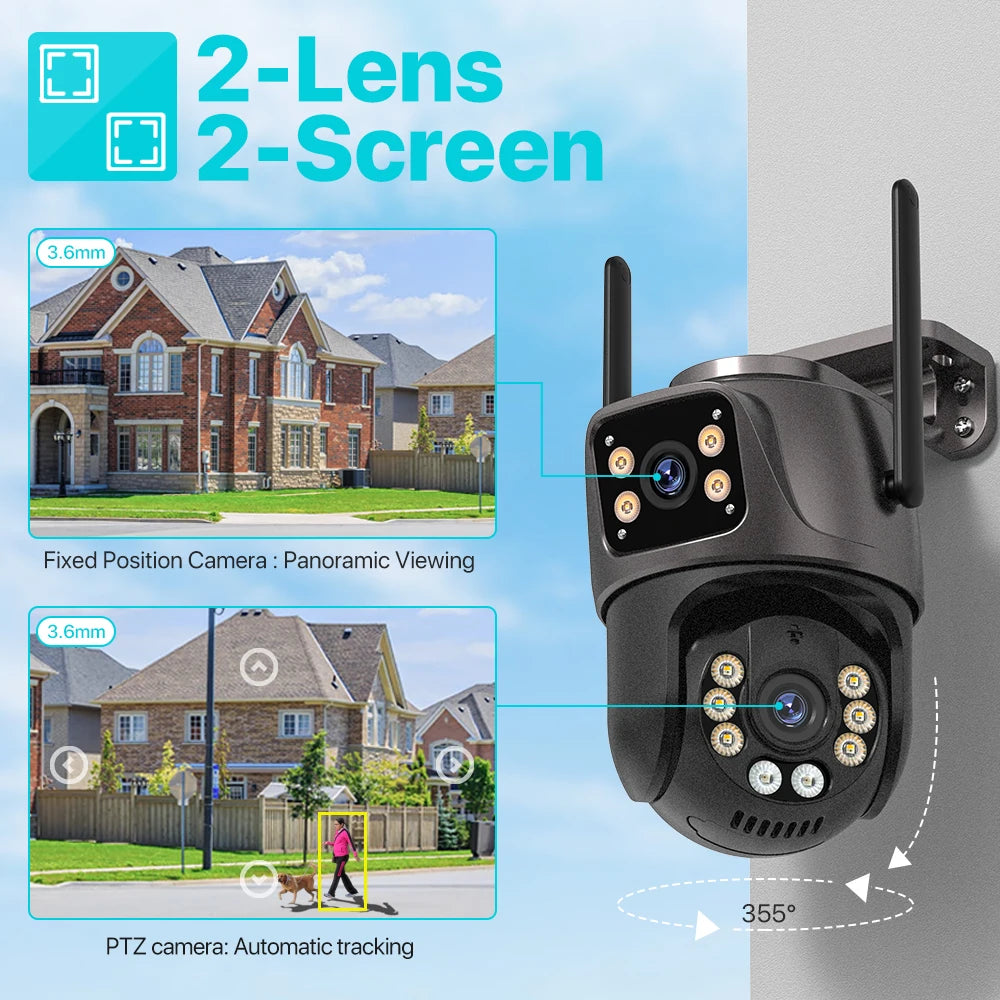 Advanced 4K 8MP HD Outdoor PTZ Security Camera with Dual Lens and Dual Screen, featuring AI Auto Tracking, Audio & Video Surveillance, and P2P iCSee Technology