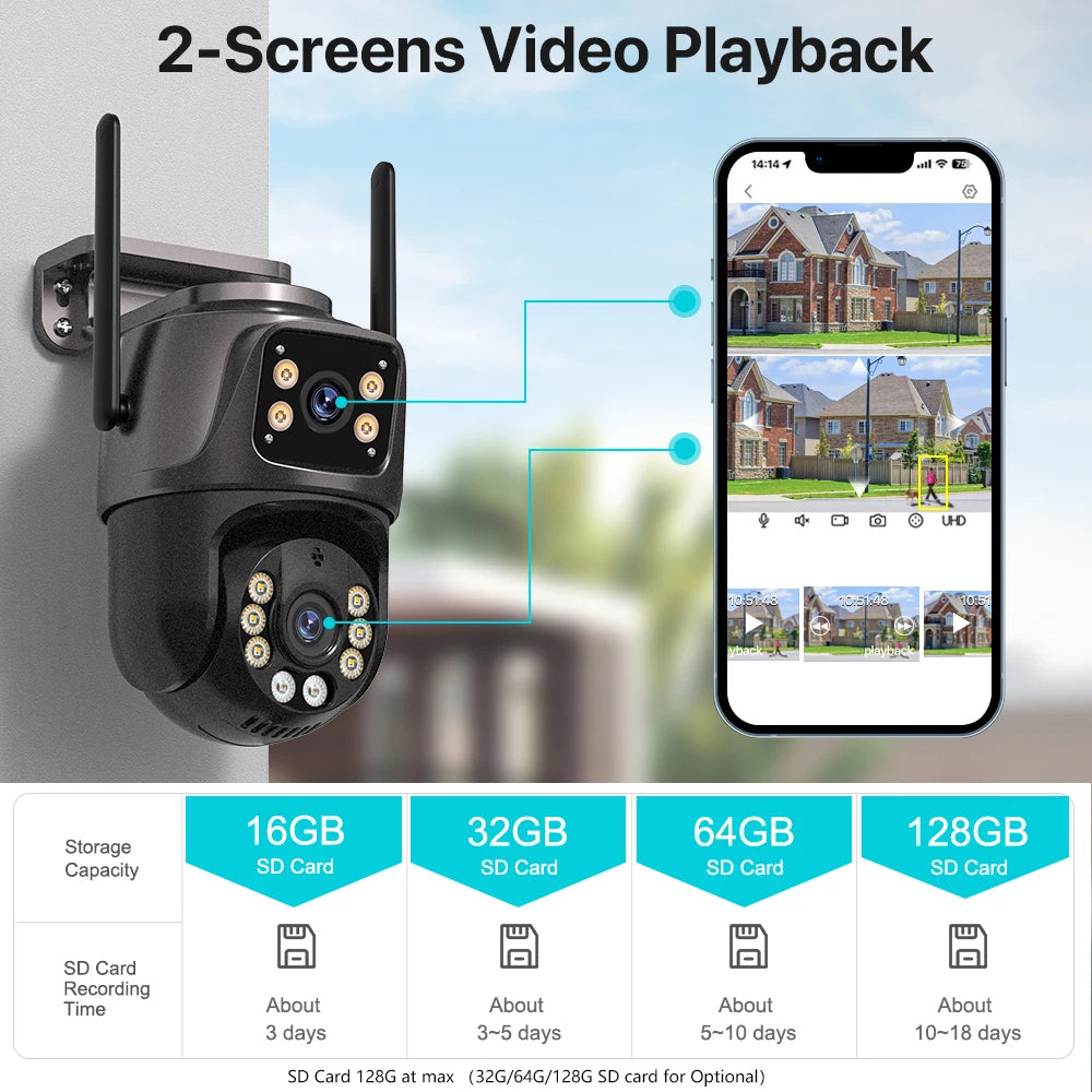 Advanced 4K 8MP HD Outdoor PTZ Security Camera with Dual Lens and Dual Screen, featuring AI Auto Tracking, Audio & Video Surveillance, and P2P iCSee Technology